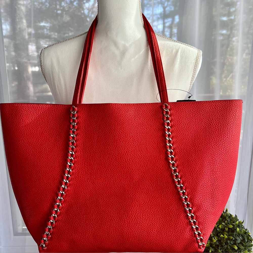 BCBG Paris Large Tote Orange and Beige Gold Chain Detail NWT - Picture 3 of 11